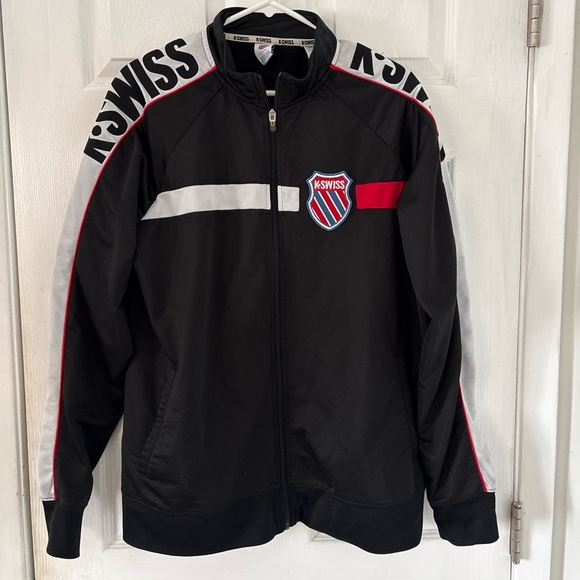 K-Swiss Track Jacket Large Black Red White Zip Up Logo Y2K Athleisure - Picture 2 of 7